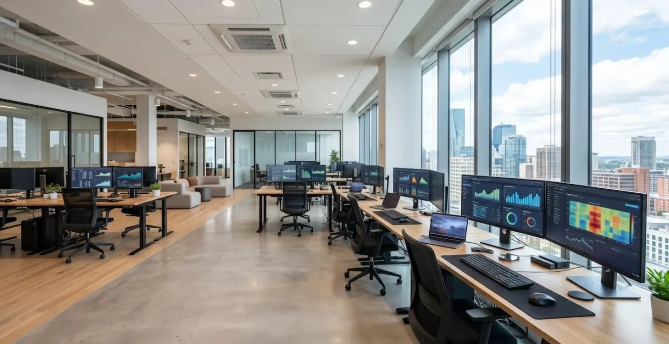 Espace de travail contemporain lumineux avec plusieurs écrans d'ordinateur affichant des tableaux de bord analytiques et des visualisations de données, grandes fenêtres laissant entrer la lumière naturelle