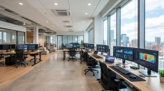 Espace de travail contemporain lumineux avec plusieurs écrans d'ordinateur affichant des tableaux de bord analytiques et des visualisations de données, grandes fenêtres laissant entrer la lumière naturelle