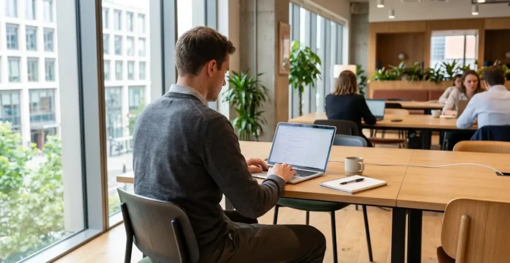 Plan moyen depuis l'arrière montrant un jeune professionnel en tenue business décontractée travaillant sur un ordinateur portable dans un espace de travail moderne lumineux, vue de profil, posture naturelle, environnement de bureau contemporain 2026 Plan moyen depuis l'arrière montrant un jeune professionnel en tenue business décontractée travaillant sur un ordinateur portable dans un espace de travail moderne lumineux, vue de profil, posture naturelle, environnement de bureau contemporain 2026