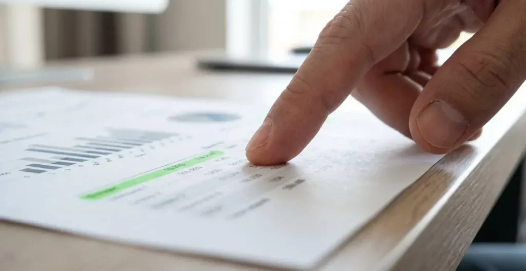 Gros plan sur une main professionnelle pointant du doigt un rapport statistique imprimé avec des pourcentages et tableaux de données en surbrillance, faible profondeur de champ, papier blanc posé sur un bureau moderne Gros plan sur une main professionnelle pointant du doigt un rapport statistique imprimé avec des pourcentages et tableaux de données en surbrillance, faible profondeur de champ, papier blanc posé sur un bureau moderne